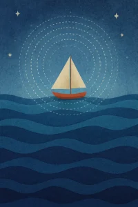 Stylized illustration of a sailboat floating calmly on layered blue waves under a starry night sky, with concentric dotted lines radiating outward — symbolizing clarity, direction, and inner guidance during moments of decision.