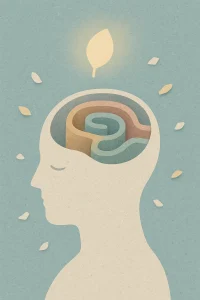 Minimalist illustration of a calm human silhouette with a labyrinth-like brain and a glowing leaf emerging from the top, symbolizing mental clarity and mindfulness.
