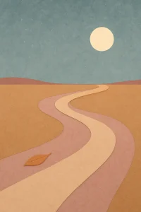 Minimalist artwork of a winding path through a calm desert under a full moon, with a single leaf resting on the trail — symbolizing stillness, reflection, and mindful pauses.