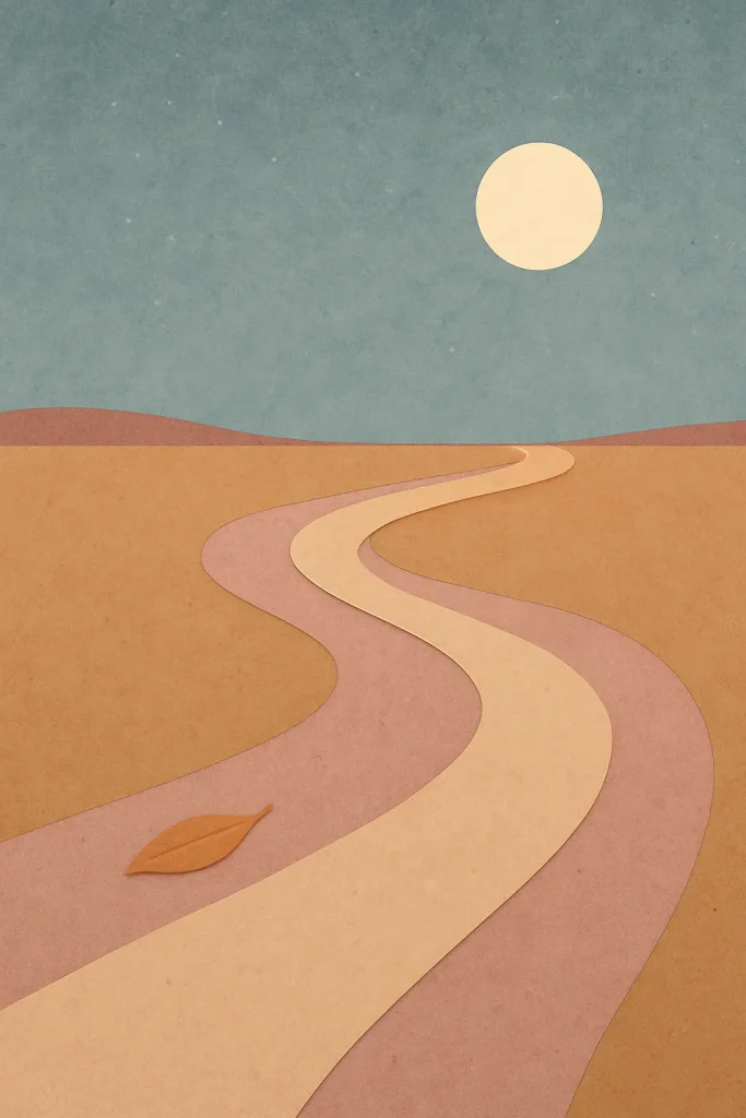 Minimalist artwork of a winding path through a calm desert under a full moon, with a single leaf resting on the trail — symbolizing stillness, reflection, and mindful pauses.